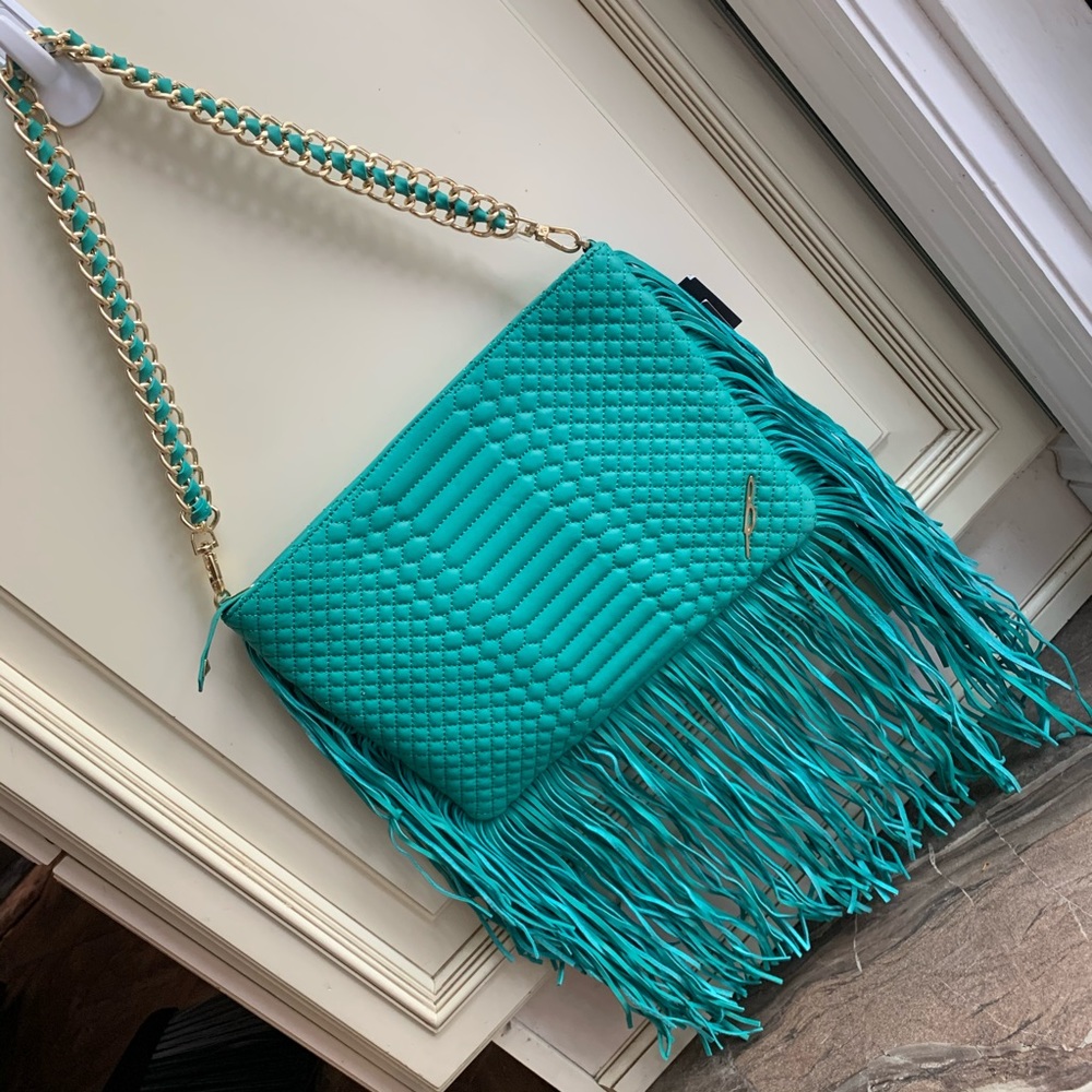 NWT Brian Atwood Teal Pink Fringe Convertible Bag
